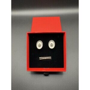 Vintage Oval Etched Cufflinks Diamond Accent Tie Bar Set Silver Tone Mens